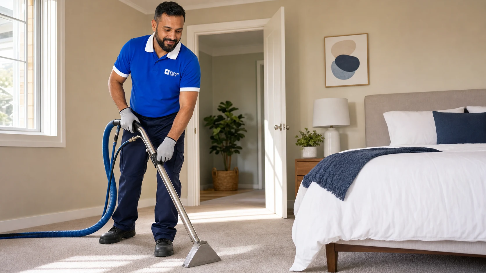 Clean Best technician hot-water extracting carpet in a Sydney premises NSW