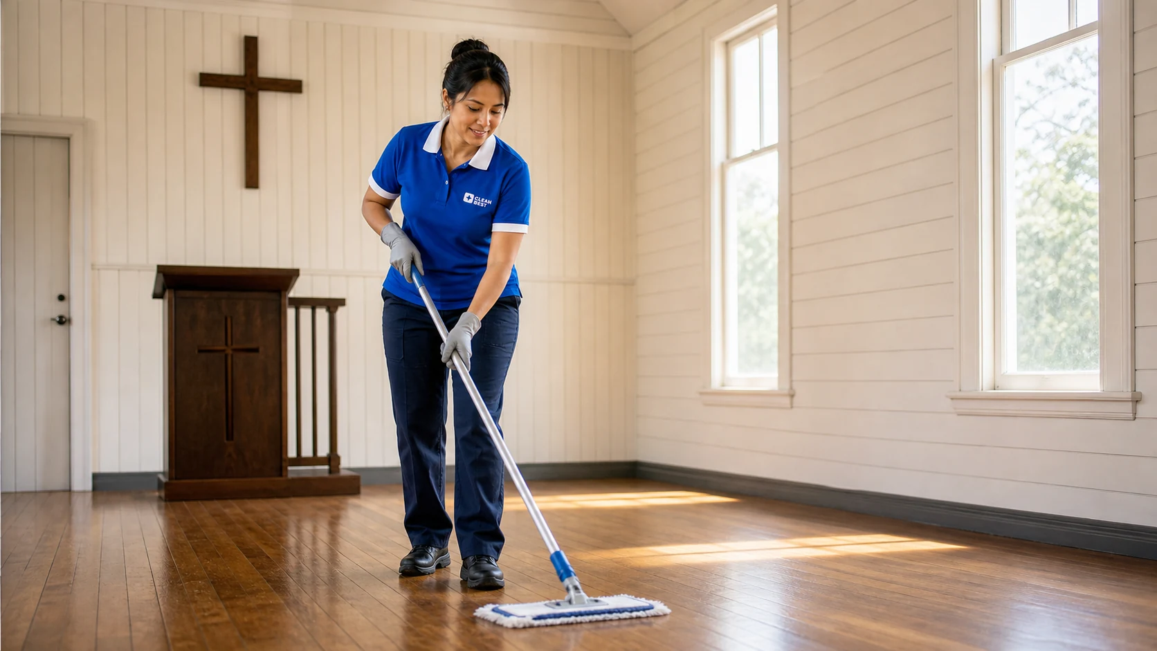 Clean Best church cleaner wiping down timber pews in Sydney NSW