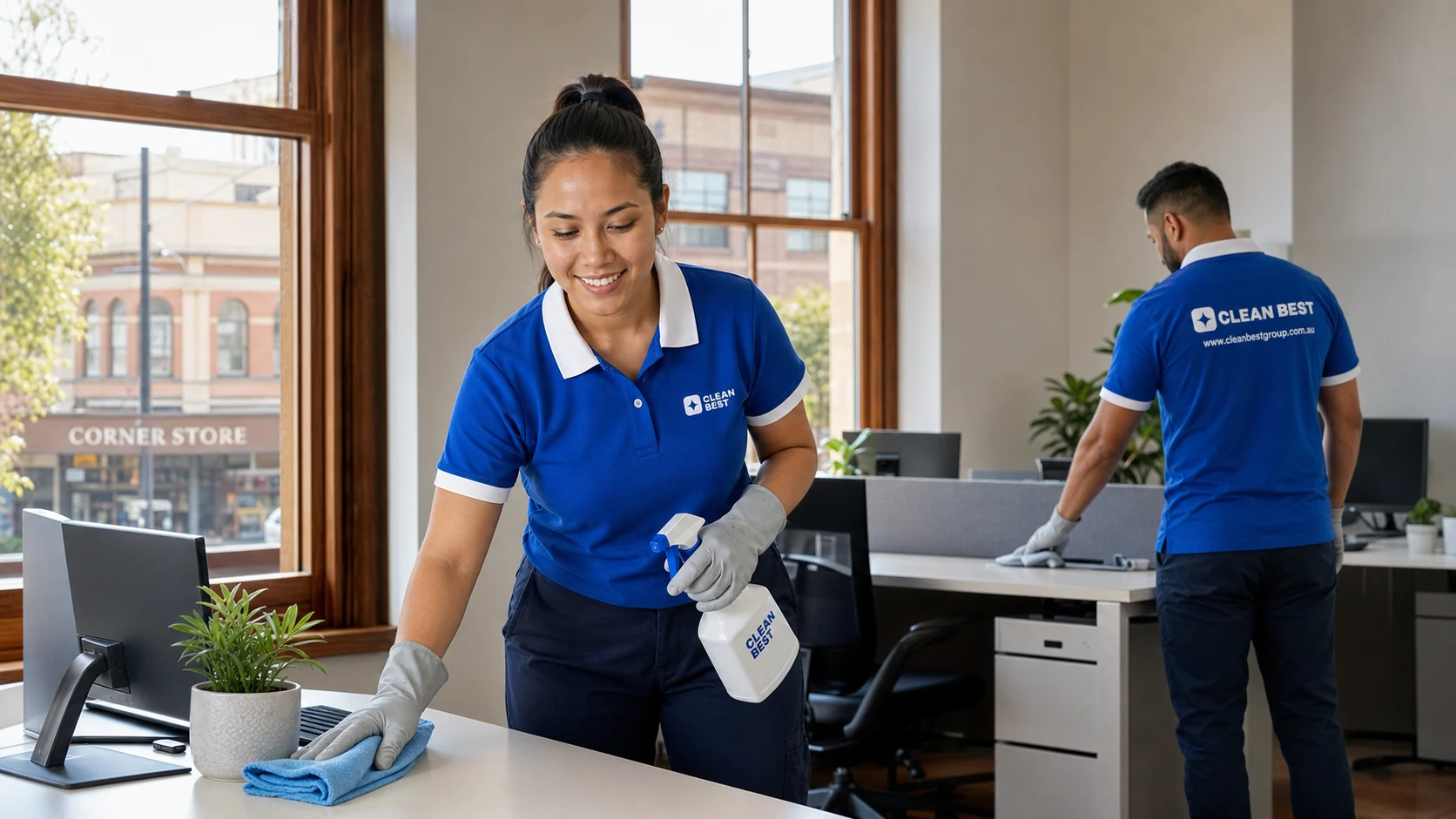 Clean Best office cleaner wiping down a workstation in a Sydney office NSW